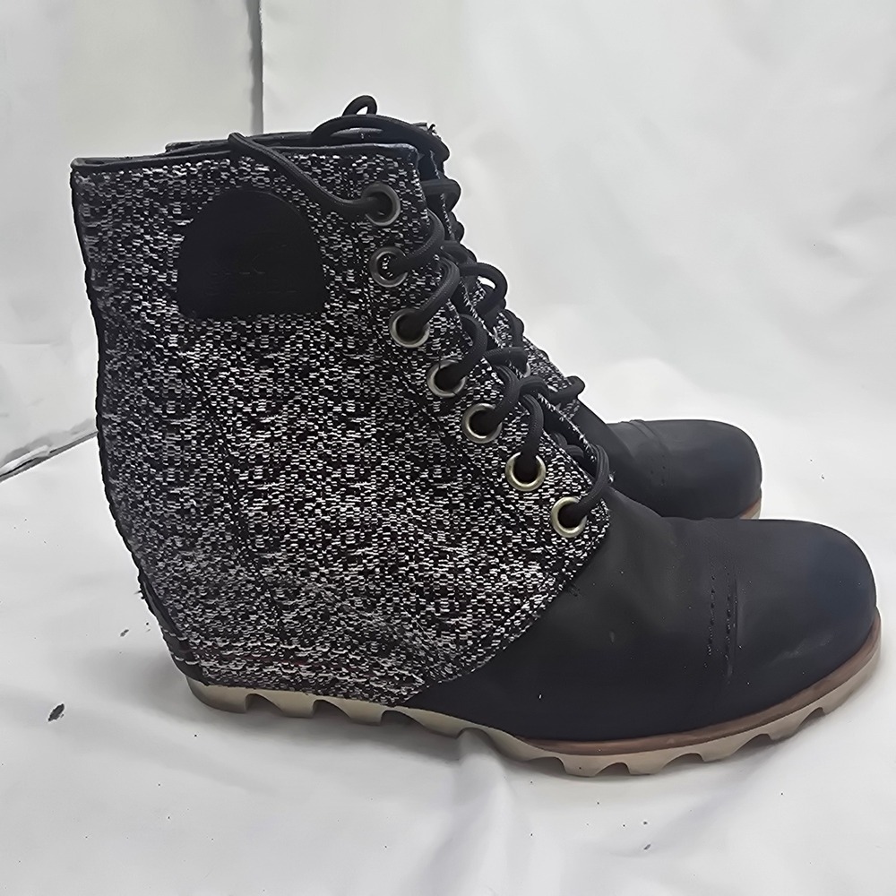 Sorel Lexie Wedge Boot Women 8.5 Black Grey Tweed Leather NL2265-010 Gorpcore
